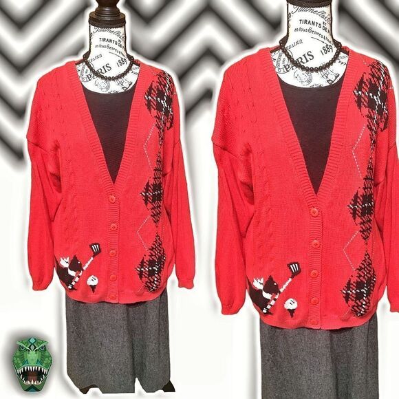 Vintage 1980’s Twee Quirky Scotty Dog Playing Golf Cable Knit Oversized Cardigan - Picture 1 of 7